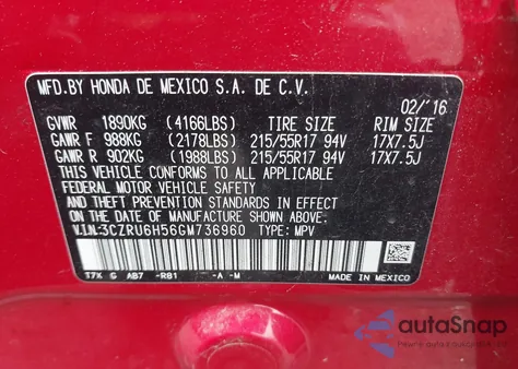 2016 Honda Hr-V Ex from USA, damaged, VIN 3CZRU6H56GM736960